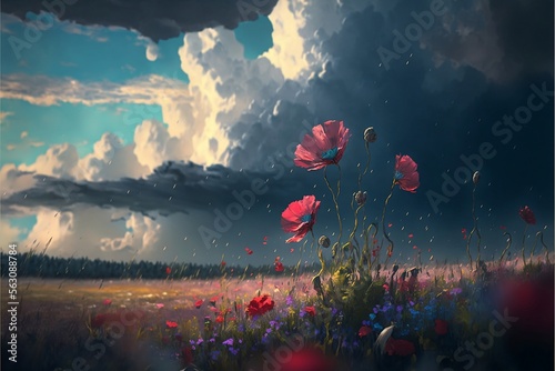 landscape painting,colorful flowers in field under beautiful clouds creat by ai v1