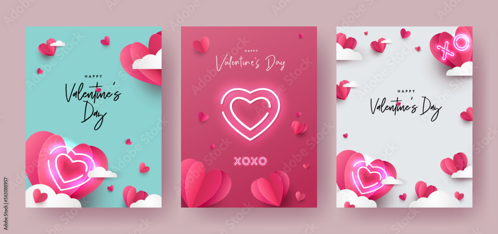 Romantic creative set of Happy Valentine's Day cards. Realistic 3d origami paper hearts over clouds. Heart shaped and XO neon symbols. Festive banner, sale poster, social media or promo templates. - obrazy, fototapety, plakaty 