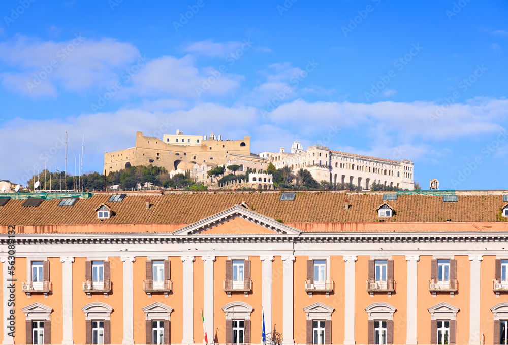 Urban view of Naples from Plebiscite Square , Italy: in the background Castel Sant'Elmo and the Certosa di San Martino (