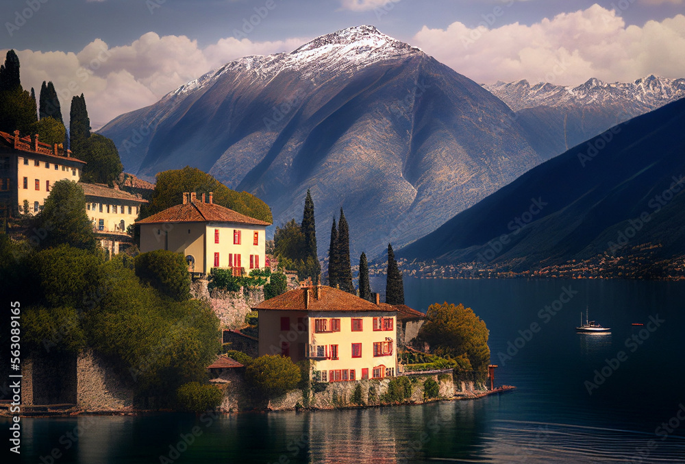 Como lake in Italy. Generative AI Art. Beautiful landscape with mountains and italian architecture. Cozy scene.