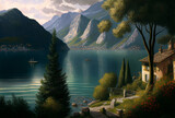 Como lake in Italy. Generative AI Art. Beautiful landscape with mountains and italian architecture. Cozy scene.
