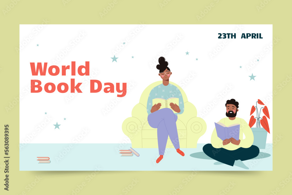 People reading books banner horizontal. World Book Day
