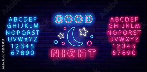 Good night neon signboard. Glowing invitation on brick wall. Dream wishing. Sleep concept. Vector illustration