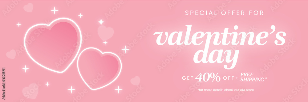 Cute pastel pink sales banner for Valentine's Day. Happy Valentine's Day Special Offer. 3d illustration. 40% OFF