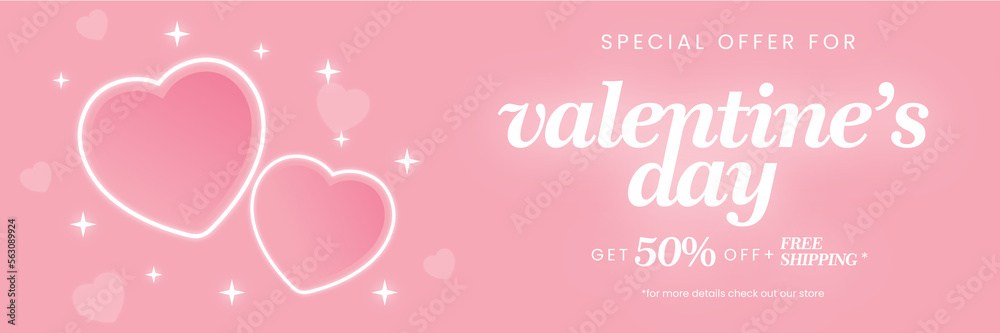 Cute pastel pink sales banner for Valentine's Day. Happy Valentine's Day Special Offer. 3d illustration. 50% OFF