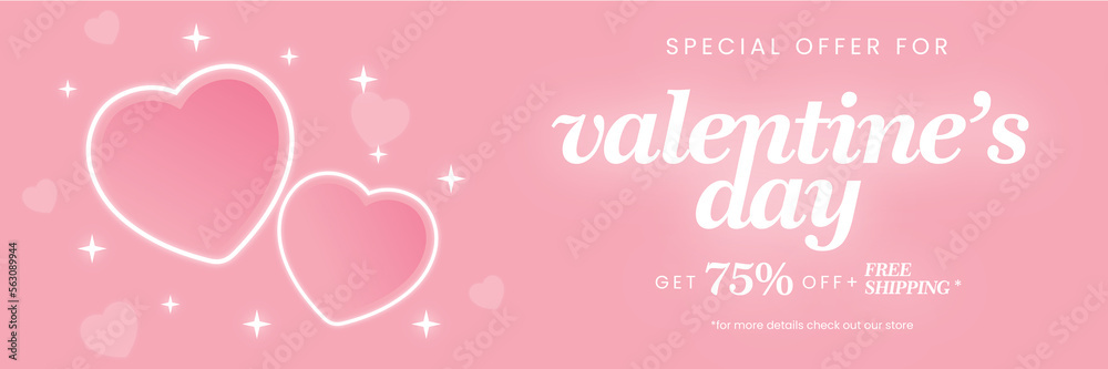 Cute pastel pink sales banner for Valentine's Day. Happy Valentine's Day Special Offer. 3d illustration. 75% OFF