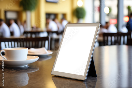 Tablet computer with blank screen on blurred restaurant background. Copy space. Generative AI