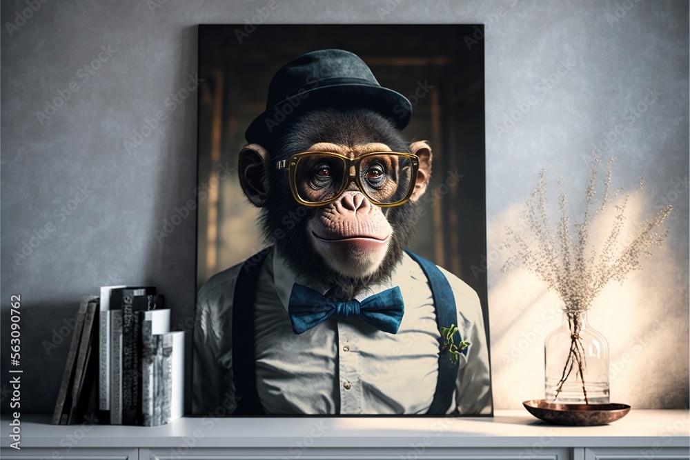 a monkey wearing glasses and a bow tie with a hat and bow tie on a ...