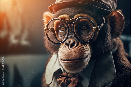 Canvas Print a monkey wearing a hat and glasses with a tie and a hat on it's head and wearing a suit and tie with a hat on his head and a tie and a suit