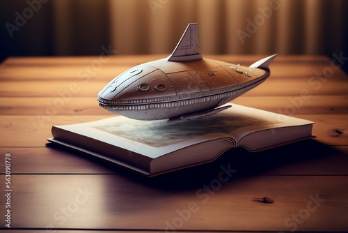 un vaisseau spatial est posé sur les pages d'un livre ouvert - illustration ia