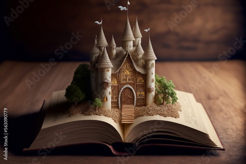 un château de princesse est posé sur les pages d'un livre ouvert sur une table en bois - illustration ia © Fox_Dsign