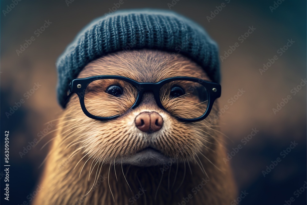 a close up of a otter wearing glasses and a hat with a beanie on it's head  and a blue background with a blurry background of a blurry background of a.  Stock