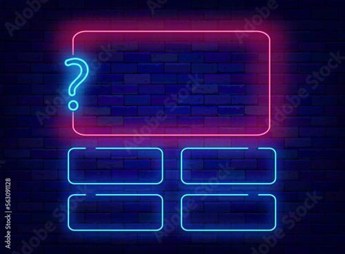 Question and answers neon template. School test, tv show and exam concept. Vector stock illustration