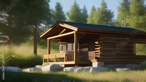 small log cabin on the outskirts  in the middle of the environment  Generative AI