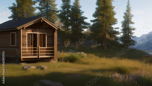 small log cabin on the outskirts  in the middle of the environment  Generative AI