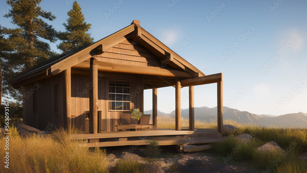 small log cabin on the outskirts, in the middle of the environment, Generative AI