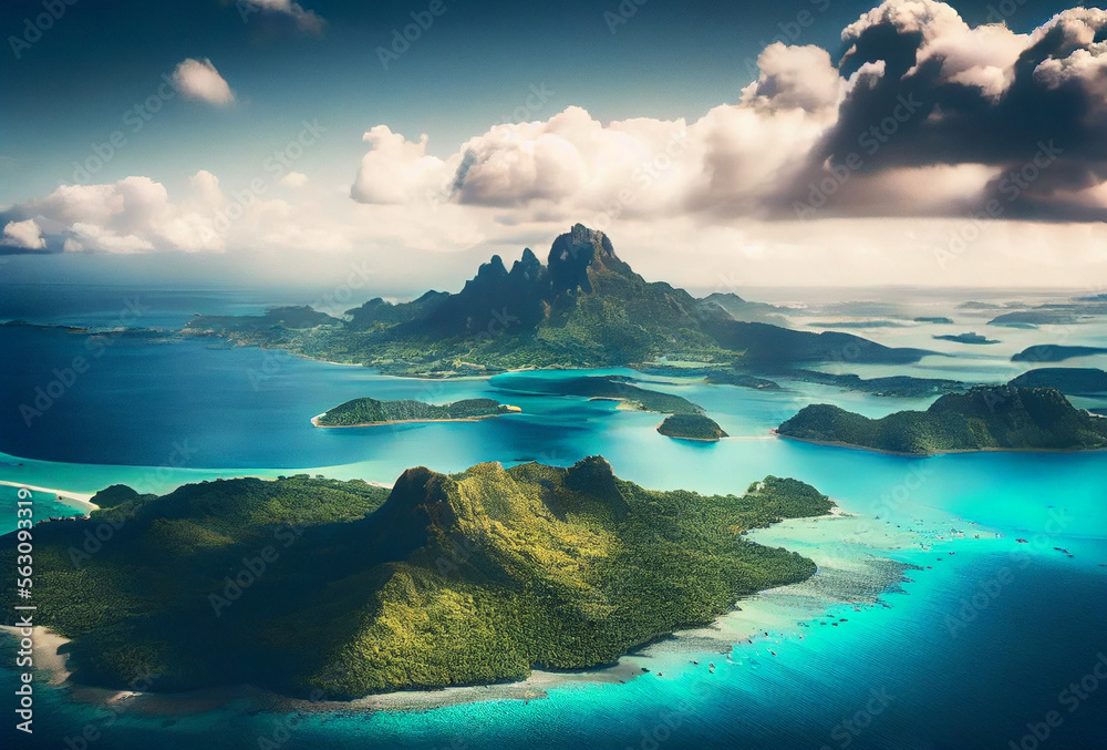Bora Bora aerial view from drone. Island in French Polynesia. White sandy beach and mountain. Palm trees and blue lagoon. Generative Ai Art.