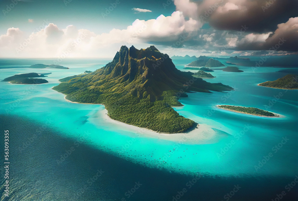 Bora Bora aerial view from drone. Island in French Polynesia. White sandy beach and mountain. Palm trees and blue lagoon. Generative Ai Art. - obrazy, fototapety, plakaty 