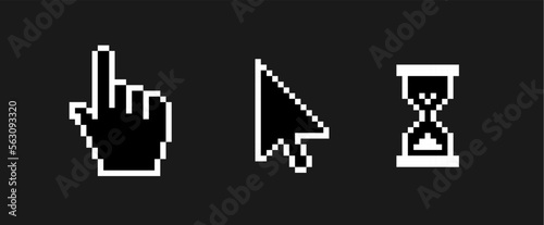Cursor Arrow, Hand Click and Hourglass Loading or Waiting Icons. Classical Dark Mode Windows Xp, 95.