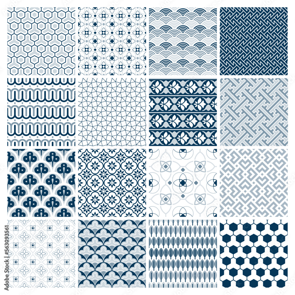 Set of 16 Geometric seamless patterns. Curves, Net, Waves Blue patterns on White Background