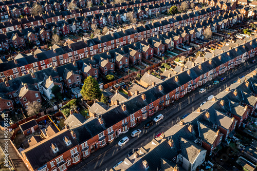 Aerial view of the rooftops of back to back terraced houses in the North of England