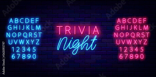 Trivia night neon label. Quiz show. Game competition. Glowing blue and pink alphabet. Vector stock illustration