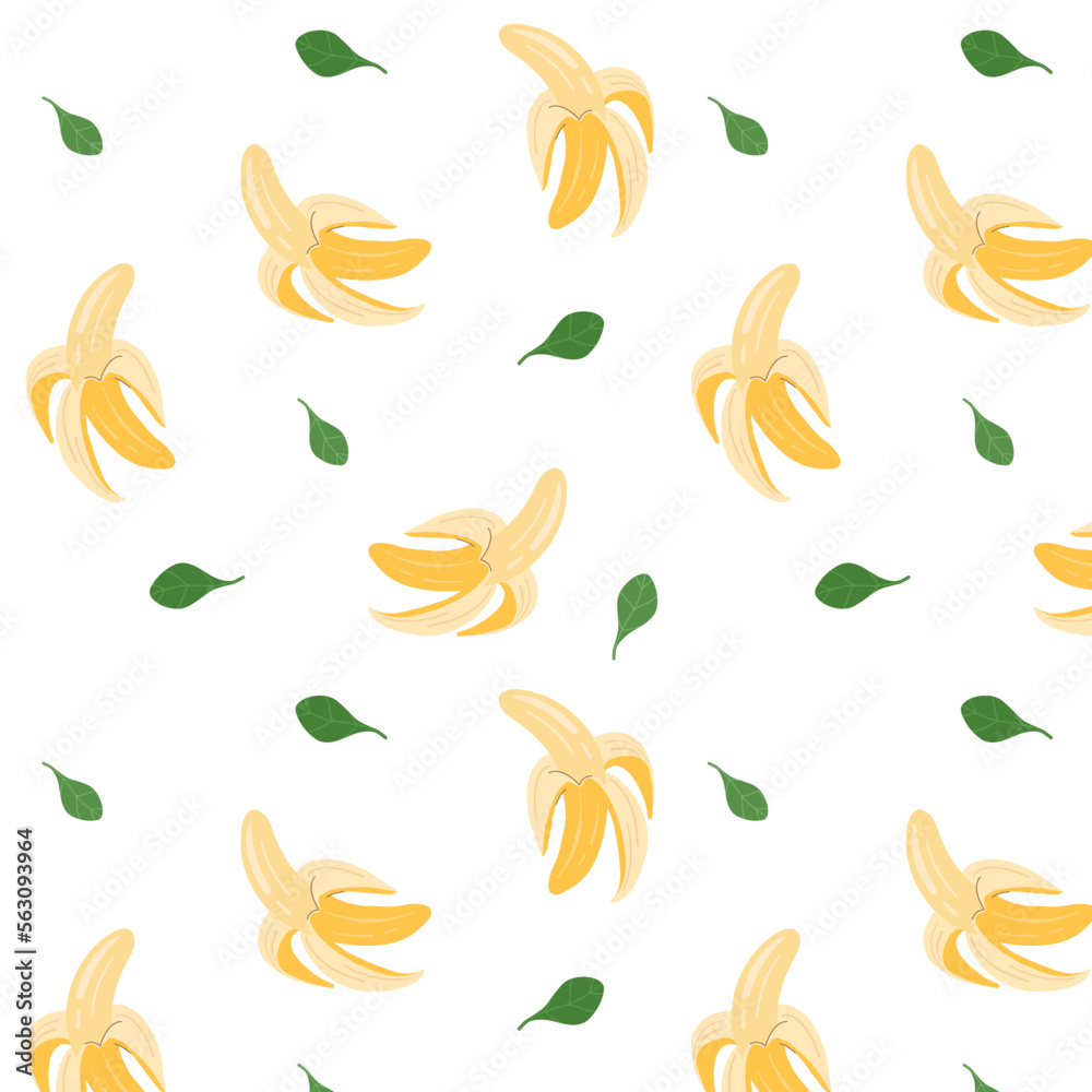 Banana pattern. Vector seamless pattern with peeled bananas and green leaves.