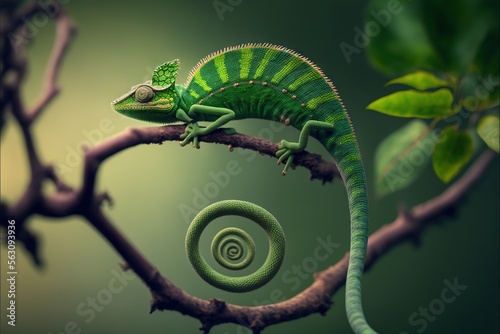  a green chameleon perched atop a tree branch, surrounded by lush green leaves The background is slightly blurred, giving the photo a dreamy, ethereal feel