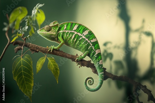 A green chameleon sitting on a tree branch.