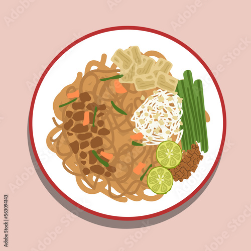 Food Illustration Cartoon, Noodles with Padthai sauce, Healthy Vegetarian menu; Padthai noodle with smoke tofu and mixed vegetable - chinese baby Bok Choy , garlic chive and crushed peanut topping. 