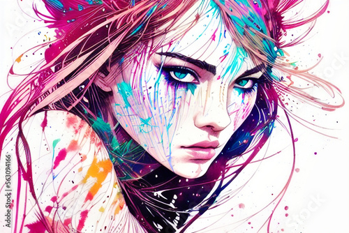 Generative AI close up of abstract picture of beautiful woman, multicolored bright background. Creative portrait