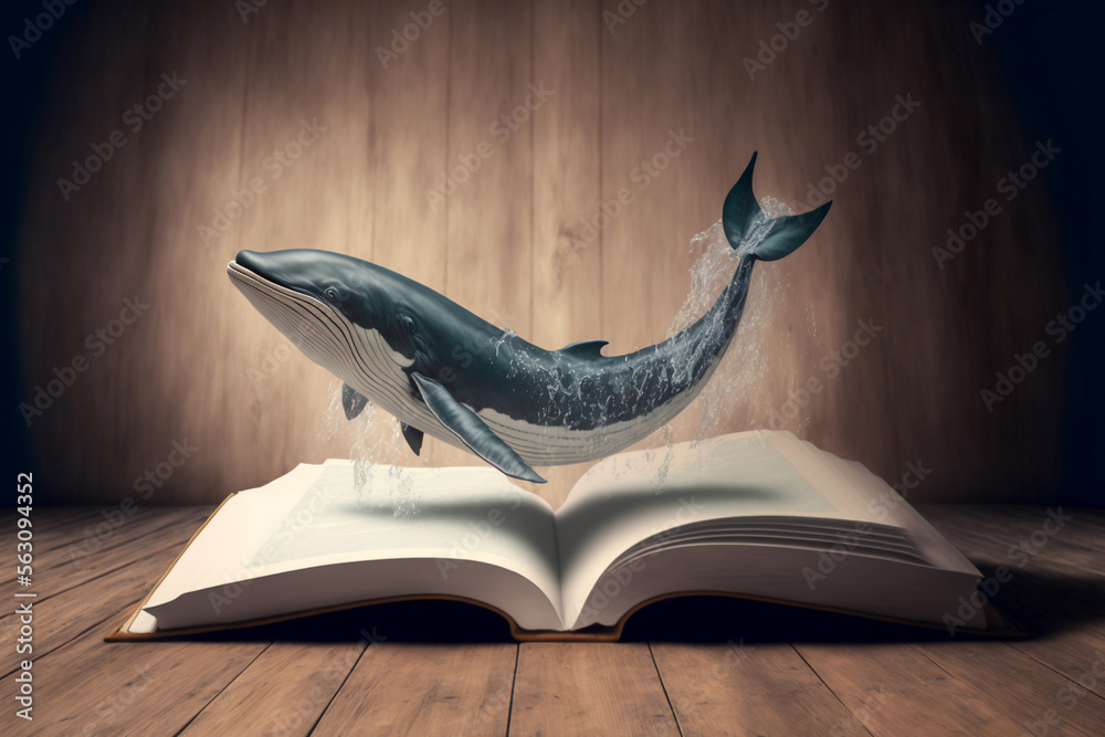 une baleine saute des pages d'un livre ouvert posé sur une table en bois - illustration ia - obrazy, fototapety, plakaty 
