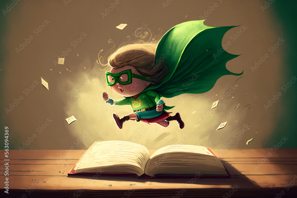 une super héroïne vole au dessus des pages d'un livre ouvert, histoire pour enfant - illustration ia - obrazy, fototapety, plakaty 
