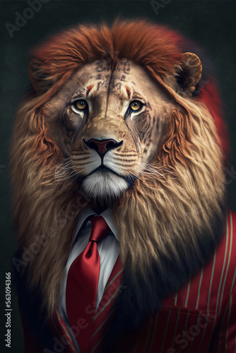 Important lion in a business suit. AI generation