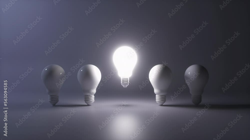 Creative new idea concept with light bulbs.  One light bulb standing out from others bulbs floating on dark background. Business, success, think positive, inspiration, solution symbol. 3D Animation. 
