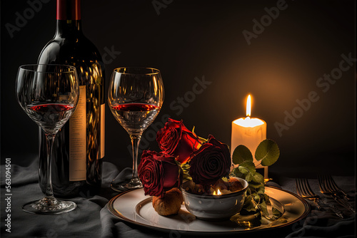 Valentine's Day, Romantic Candlelit Dinner, Wine Glasses Rosses, Generative Ai
