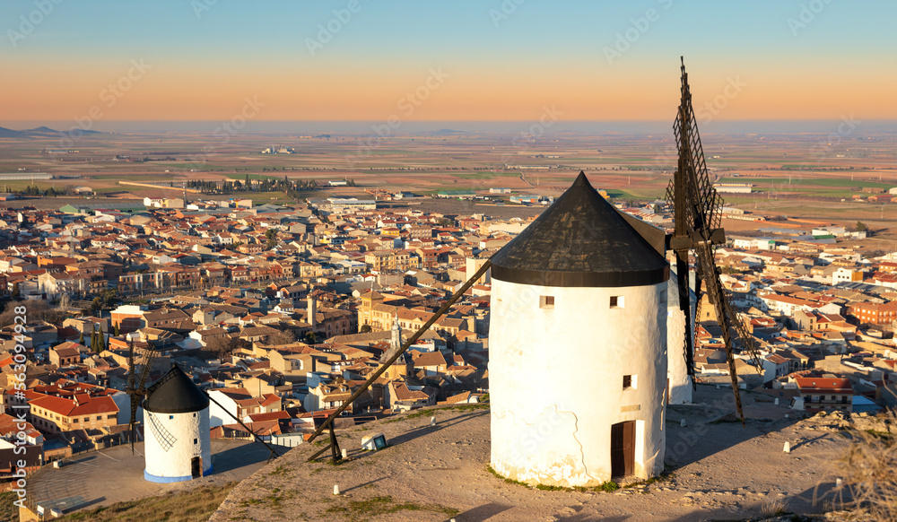 Windmill and panoramic city view- Consuegra in Spain, near Toledo