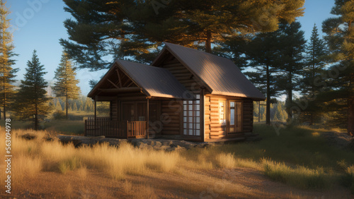 small log cabin on the outskirts, in the middle of the environment, Generative AI