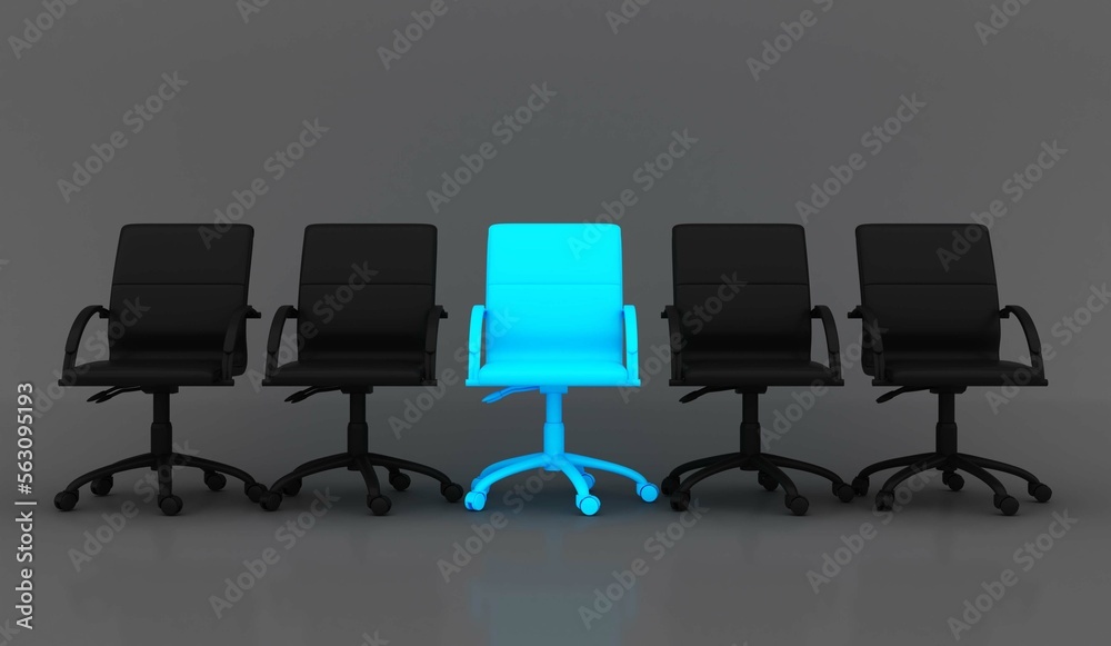 Blue chair standing out from the crowd. Business concept. 3D rendering. 4K Ultra Hd. 
