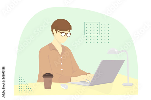 short hair girl working with laptop wears glasses