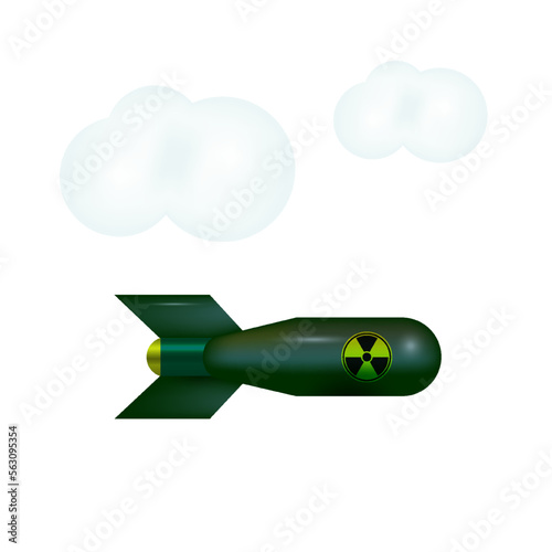Falling atomic bomb in the sky with clouds. Falling bomb 3D vector illustration isolated on white background.