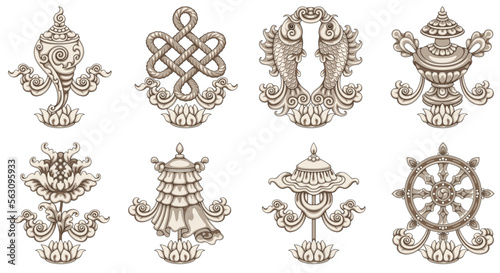 Eight symbols buddhism clipart monochrome