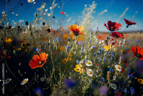 fresh colorful field of wildflowers in full bloom with a bright blue sky as the background,generative ai.