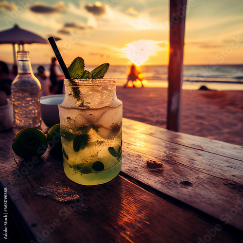 Glass of mojito on a beach bar at sunset made by Generative AI