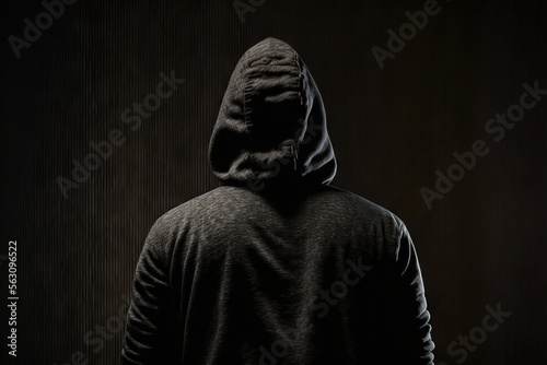  a man in a hooded jacket is standing in the dark with his back turned to the camera and his hood up is slightly open, and his eyes are slightly closed, and his eyes are slightly closed. generative ai