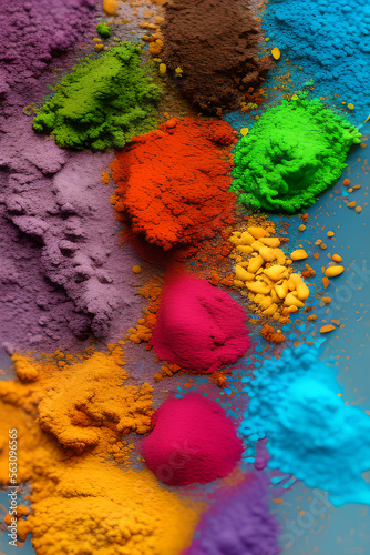 Colored powder scattered on the table, top view. Illustration. Rainbow colors.