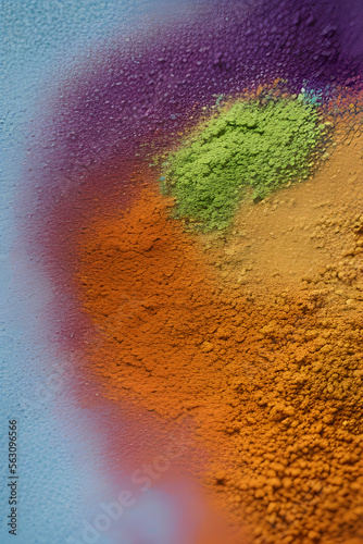 Colored powder scattered on the table, top view. Illustration. Rainbow colors.