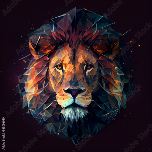 Low poly abstract lion portrate made from triangles in orange and blue color  generative ai