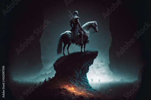 Generative AI brings to life: A Knight and Horse Standing on a Dark Skull Cliff