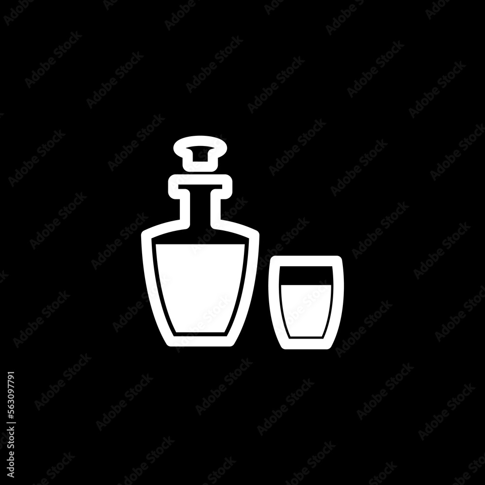 Brandy bottle and snifter glass icon isolated on black background. Brandy bottle and snifter glass icon isolated on black background.